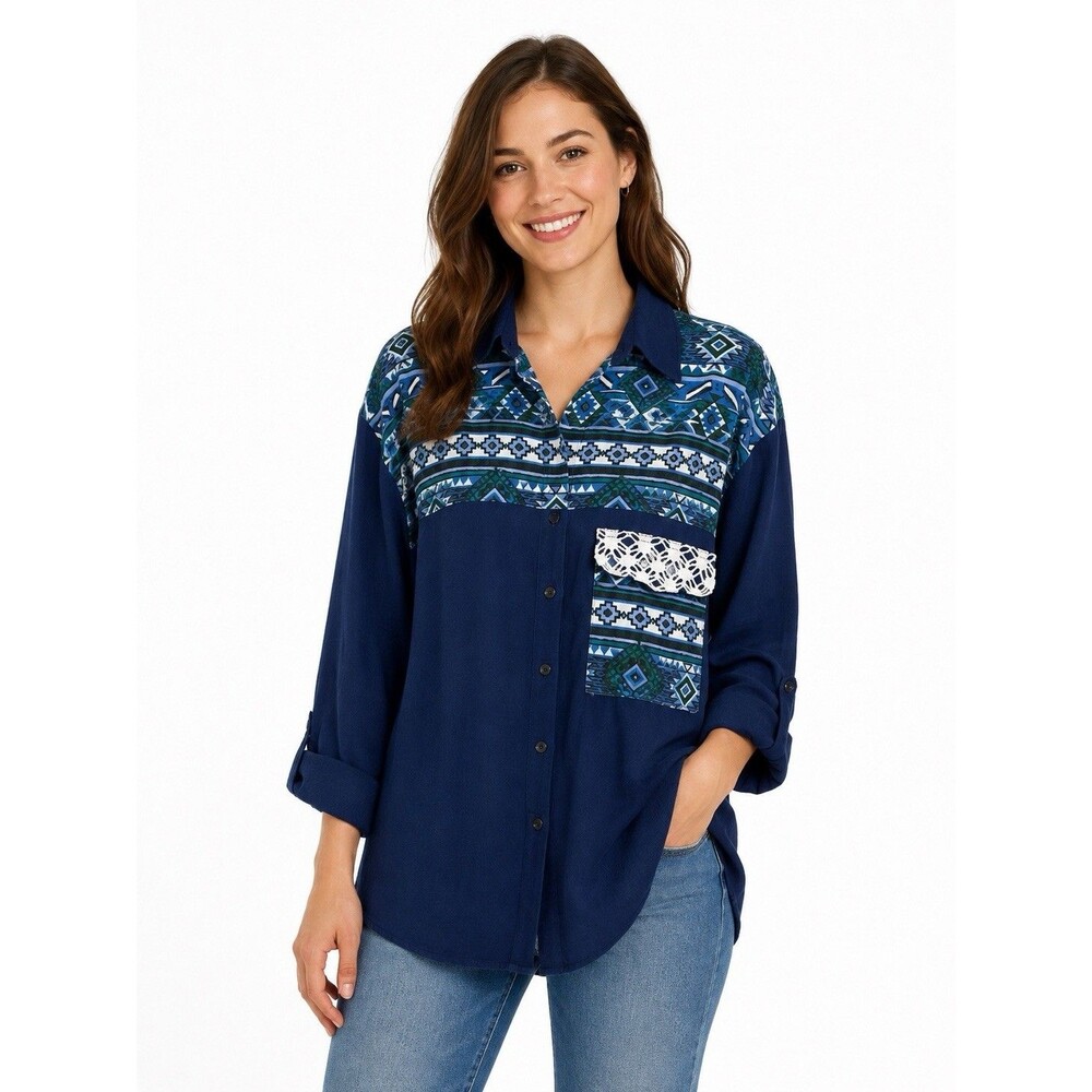 Vintage Tapestry 90s Y2K Womens Shirt Size 22W Navy Blue Button Up Rodeo Chic